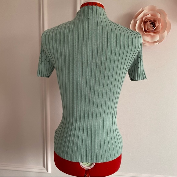 VENUS Short Sleeved Sweater, Ribbed Mock-Neck, Stretch, Eyelets, Muted Green, XS - Picture 6 of 8